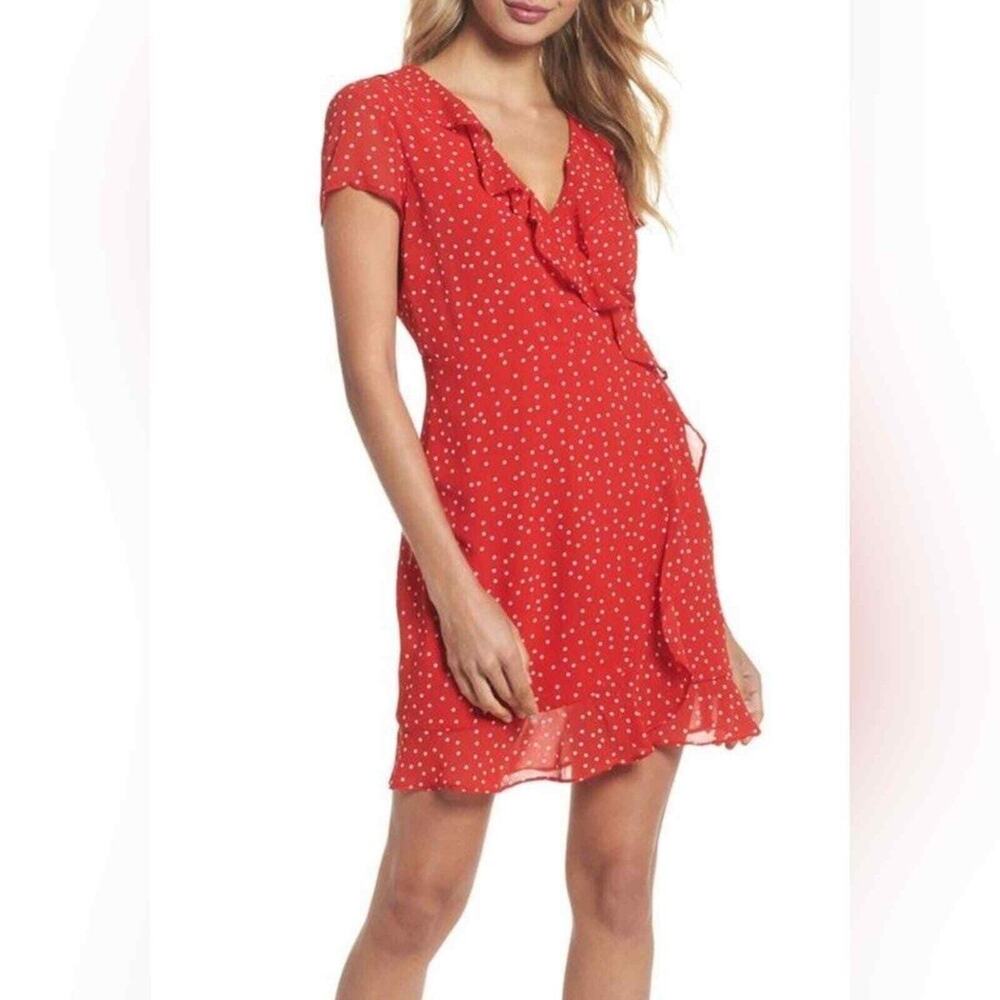 Bardot Red Polka Dot Ruffle V Neck Mini Dress Size 6